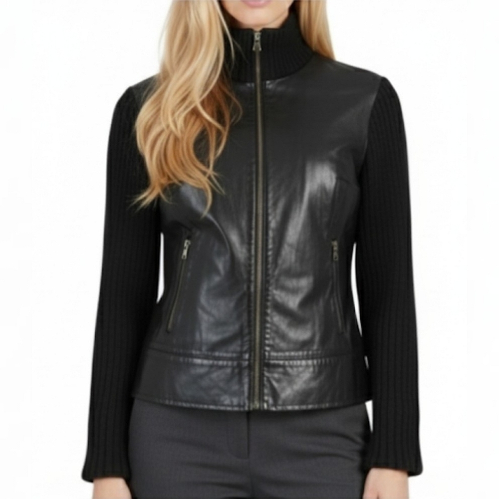 THEORY Ribbed Knit Sleeve Wool Leather Jacket
